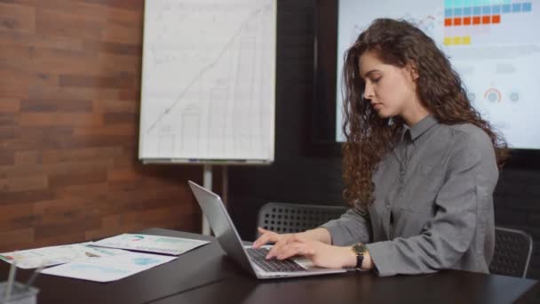 Medium Footage Young Pretty Woman Working Laptop Sitting Modern Loft — Vídeo de Stock