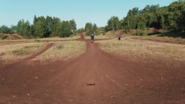 Drone Shot People Helmets Riding Motorcycles Road Track Forest — Stock Video