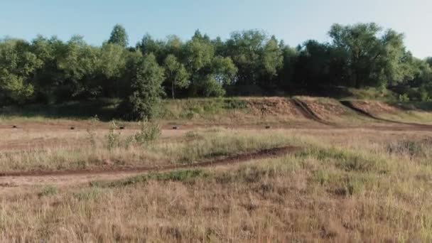 Drone Shot Sportowców Motocross Kasku Skoków Motocykla Road Toru Lesie — Wideo stockowe