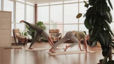 Genç ve mutlu çiftin esneme egzersizleri yaparken bir bacağını kaldırırken yere bakan köpek pozu çekimleri.