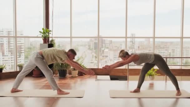 Plano Completo Pareja Flexible Delgada Durante Yoga Par Haciendo Ejercicios — Vídeo de stock