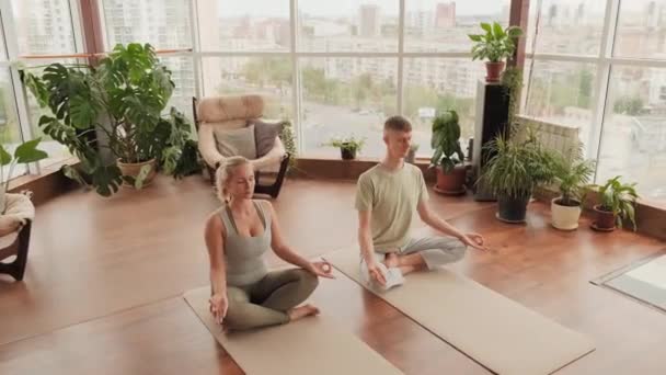 Descripción Completa Estudio Yoga Moderno Espacioso Con Ventanas Panorámicas Plantas — Vídeo de stock