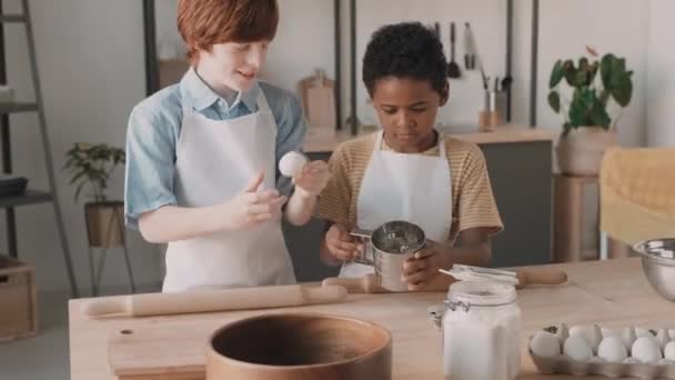 Time Lapse Two Diverse School Boys Wearing White Aprons Standing — Stock Video