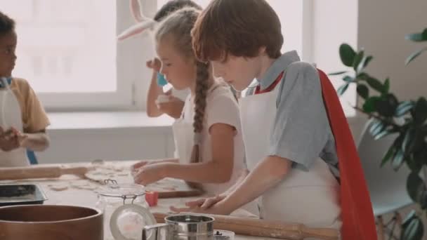 Crianças Escola Multiétnica Vestindo Aventais Chef Torno Mesa Cozinha Menino — Vídeo de Stock