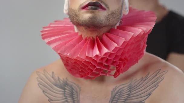 Ritratto Ravvicinato Stilista Maschile Irriconoscibile Che Mette Colletto Rosso Intorno — Video Stock