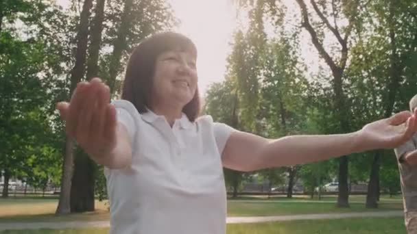 Plan Moyen Plusieurs Hommes Femmes Âgés Entraînant Qigong Air Frais — Video