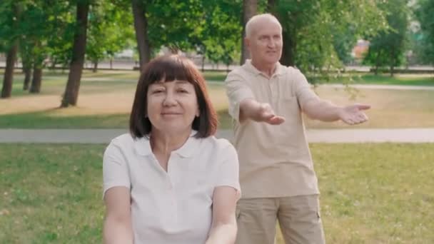 Medium Shot Aged Caucasian Couple Doing Qigong Exercises Daytime Park — Stockvideo