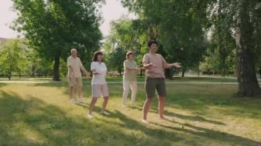 Dört yetişkinin spor kıyafeti giyip, Tai Chi Chuan 'ı temiz havada pratik yaparken geniş açıda görüntüsü.