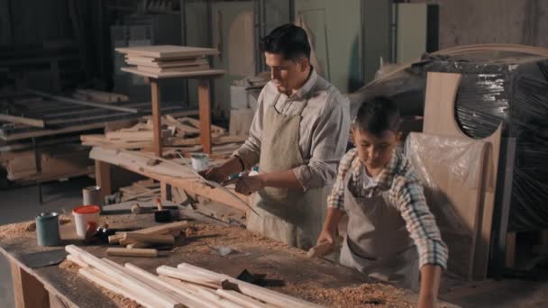 Medium Beeldmateriaal Van Kleine Jongen Geruit Shirt Schort Volgens Instructies — Stockvideo