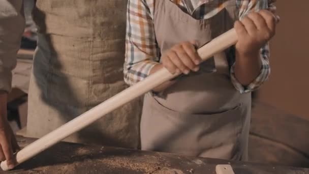 Tilting Medium Close Young Boy Helping His Father Working Carpenter — Video Stock