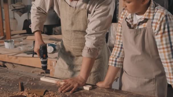 Medium Shot Male Carpenter Making Diy Furniture Standing Table Small — Video Stock