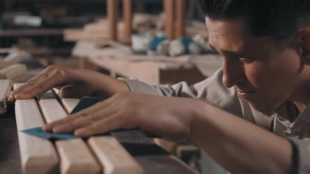Close Professional Male Carpenter Manually Sanding Wooden Plank Sandpaper Blowing — Vídeo de Stock