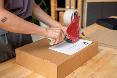 Çevrimiçi mağazanın genç bayan yöneticisinin elleri seloteyp silah dağıtıcısıyla karton kutuları paketlenmiş bir müşteri siparişiyle kapatıyor.