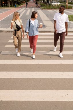 İçkili iki kız, büyük parkı ziyaret ettikten sonra yoldan karşıya geçerken ve caddenin diğer tarafına yürürken günlük kıyafetleriyle Afrikalı bir adamla konuşuyor.