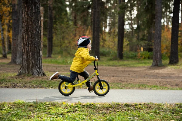 Active Little Boy Casualwear Safety Helmet Riding Balance Bicycle Asphalt — Fotografia de Stock