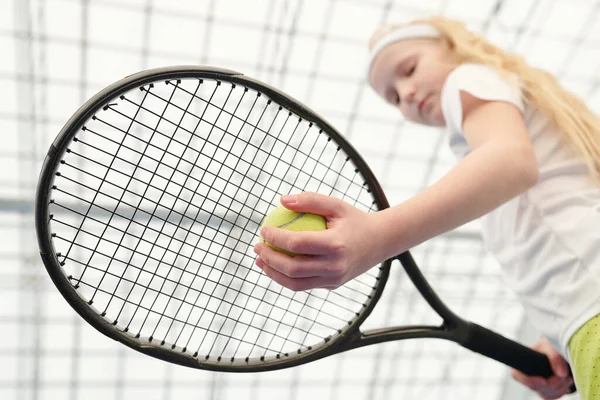 Hand Youthful Blond Girl White Activewear Holding Tennis Ball Racket — Stock Photo, Image