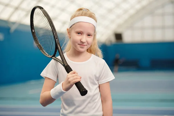 Pretty Blond Little Girl White Activewear Holding Tennis Racket Right — Stock Photo, Image