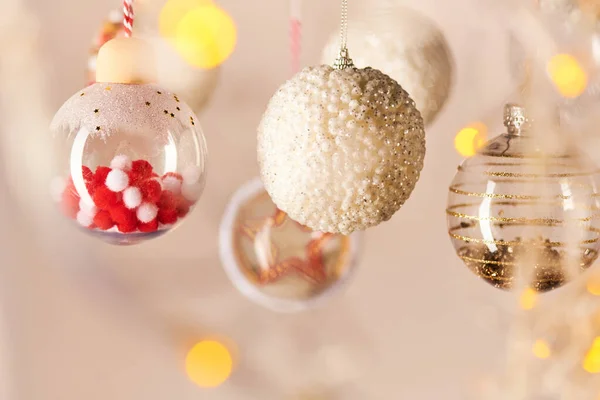 Variety Decorative Balls Hanging Front Camera Background Other Toys Christmas — Stock Photo, Image