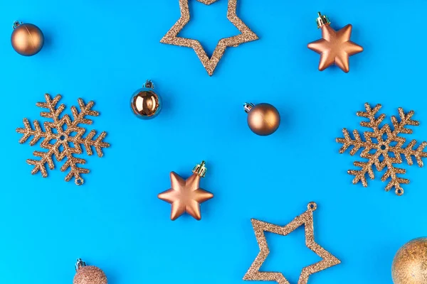 Flatlay Silver Golden Decorative Snowflakes Stars Balls Blue Background Copyspace — Stock Photo, Image