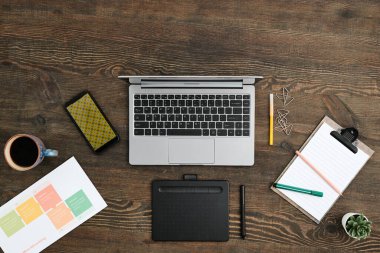 Grafik tablet, mobil cihazlar, çay ve çalışma belgeli kupa ile çağdaş yaratıcı tasarımcının çalışma alanına genel bakış