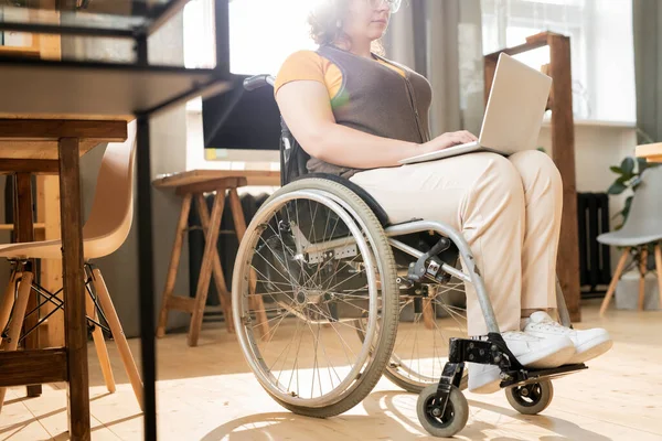 Tekerlekli Sandalyede Oturan Internette Bilgi Ararken Dizüstü Bilgisayardaki Metne Bakan — Stok fotoğraf