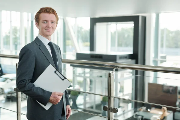 Young Successful Car Dealer Elegant Suit Tie Holding Clipboard Documents — Stock Photo, Image