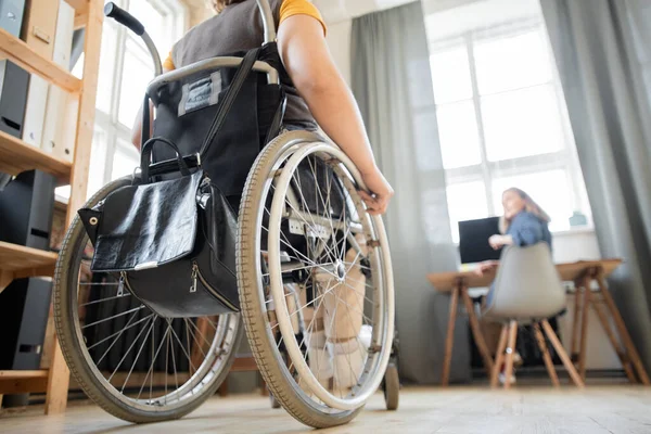 Wheelchair Young Contemporary Businesswoman Moving Colleague Sitting Table Front Computer — Stock Fotó