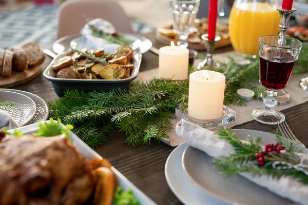 Part Festive Table Served Jug Orange Juice Roasted Potatoes Turkey — Stock Photo, Image