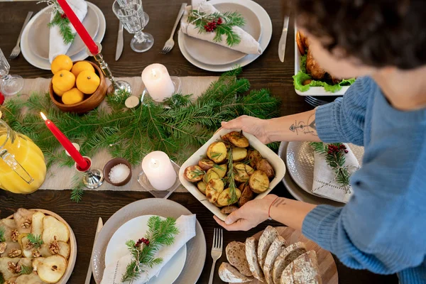 Hands Young Housewife Blue Knitted Sweater Putting Bowl Homemade Baked — Stock Photo, Image