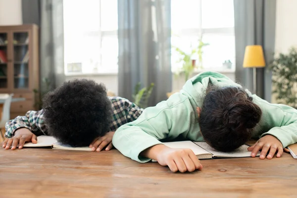 Tired Elementary Girl Boy Casualwear Lying Open Copybooks Table Preparation — Fotografia de Stock