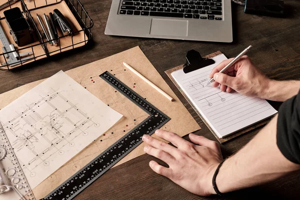 Hands Young Contemporary Male Engineer Architect Ruler Pen Making Sketch — Stock Photo, Image