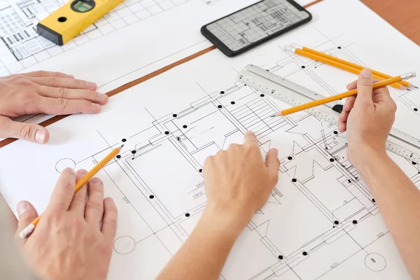 Hand Young Female Engineer Pencil Pointing Sketch New Building While — Stock Photo, Image