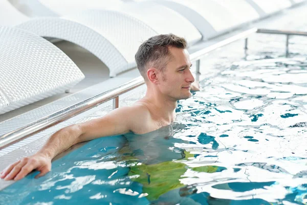 Young Handsome Relaxed Man Standing Blue Transparent Water Border Swimming — Fotografia de Stock