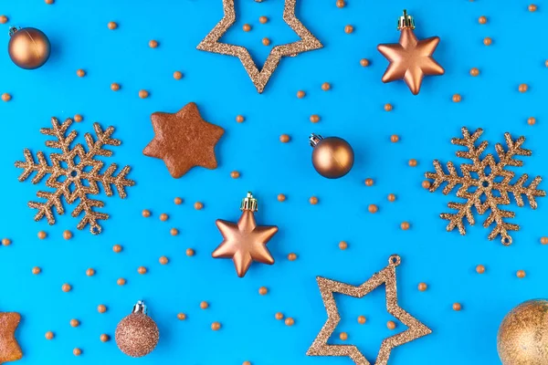 Flatlay Silver Golden Decorative Snowflakes Stars Balls Blue Background Can — Stock Photo, Image