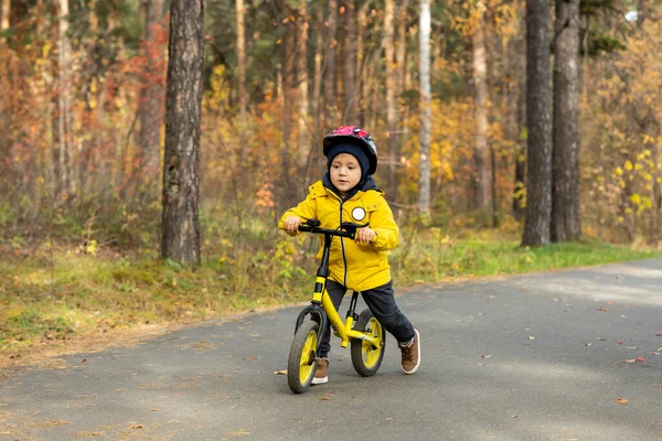 公园里 一个身穿黄色夹克 头戴安全帽的可爱小男孩骑着平衡自行车沿着柏油路骑在松树旁 — 图库照片