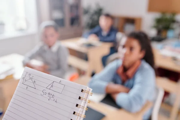 Copybook Geometric Shapes Formula Pupils Sitting Desks Rows Listening Attentively — Stock Photo, Image