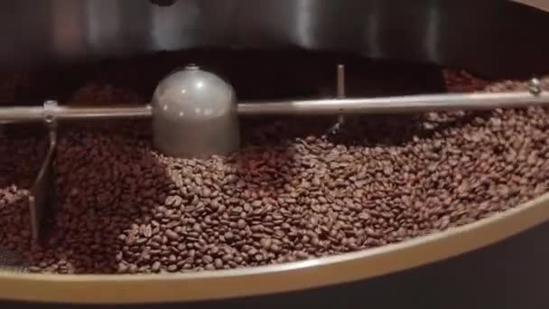 Process Turning Beans Brown Coffee Rotating Them Metal Cylinder Roasting — Stock Video