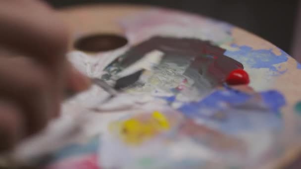 Close Unrecognizable Female Artist Using Palette Knife Mixing Colors While — Stock Video