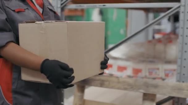 Aufnahmen Von Nicht Wiederzuerkennenden Lagerarbeiterinnen Overall Und Handschuhen Die Einen — Stockvideo
