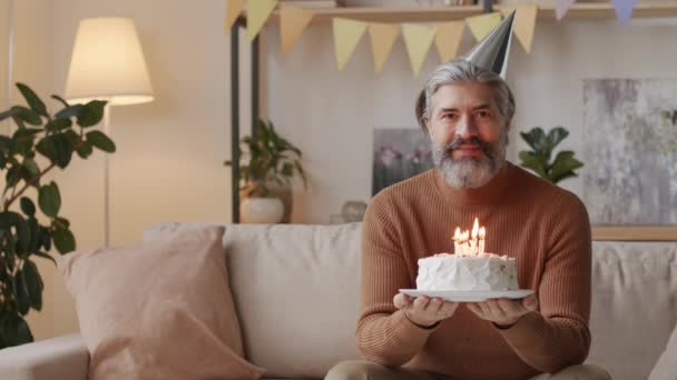 Medium Slow Motion Portrait Smiling Bearded Middle Aged Man Festive — Stock Video