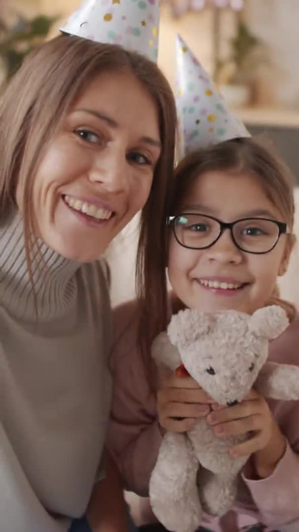 Vertical Handheld Waist Pov Shot Happy Mother Daughter Hugging Stuffed — Stock Video