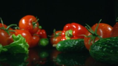 Macro stüdyosu, doğal organik yeşil ve kırmızı sebzelerle izole edilmiş siyah arka planda su damlalarını görüntülüyor.