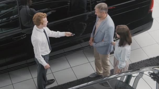 High Angle Shot Salesman Formal Attire Handing Keys New Car — Stock Video