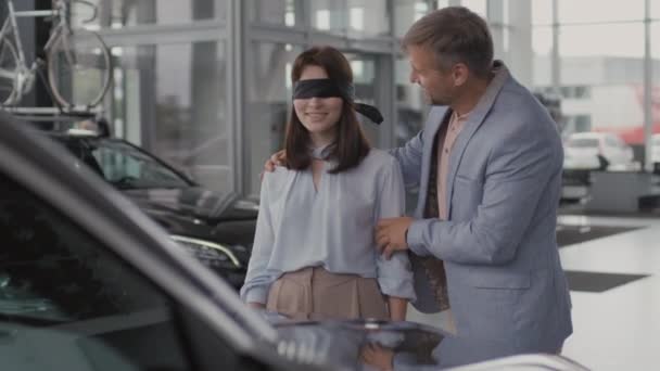 Tracking Shot Happy Middle Aged Man Beard Taking Blindfold His — Stock Video