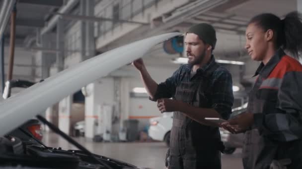 Side View Shot Bearded Male Auto Mechanic Overalls Hanging Work — Stock Video