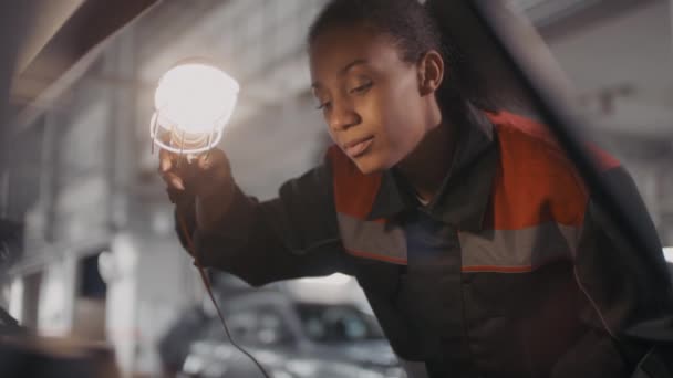 Taşınabilir Lambası Tutan Garajda Çalışırken Müşteri Arabasının Kaputunun Altına Bakan — Stok video