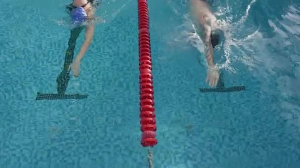 Lento Ángulo Alto Deportistas Felices Gorras Gafas Nadando Hacia Piscina — Vídeo de stock