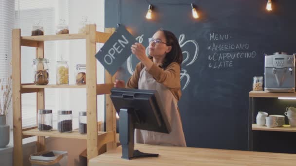 Medium Shot Tired Female Asian Coffee Seller Finishing Work Turning — Stock Video