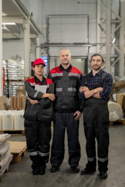 Büyük çağdaş fabrikada çalışan başarılı kadın ve erkek profesyoneller paketlenmiş malzemeler arasında kamera önünde duruyorlar.