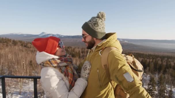 Waist Slow Motion Footage Happy Young Caucasian Couple Wearing Warm — Stok Video